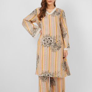 Beige Linen Indo Western Coord Set with Pearl and Printed Embroidery