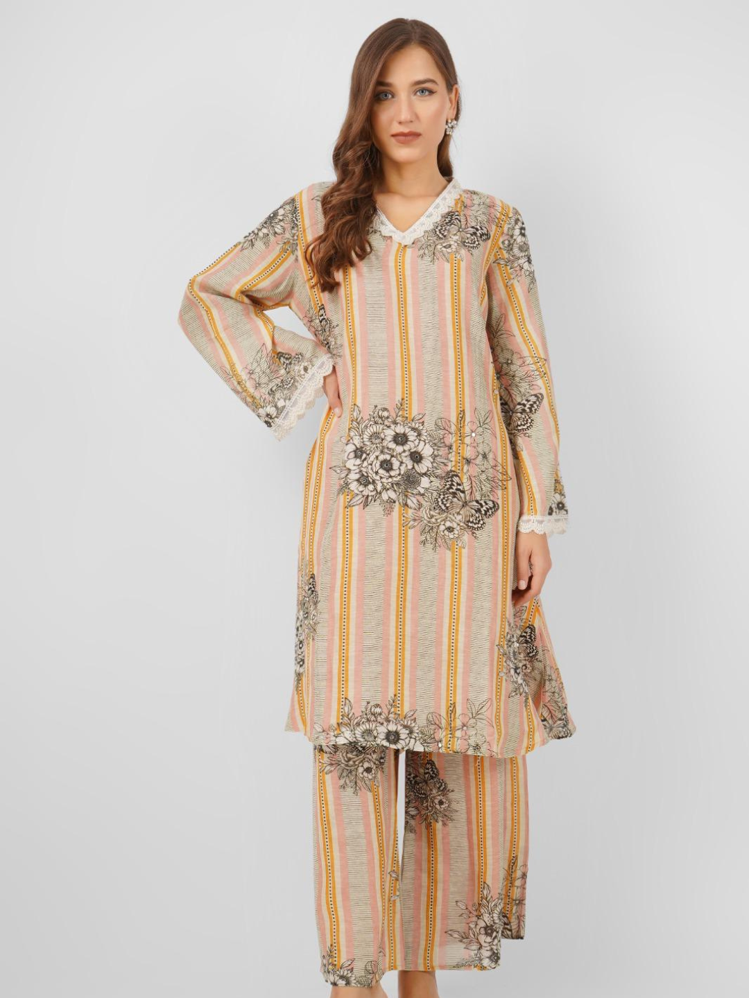 Beige Linen Indo Western with Pearl and Printed Embroidery