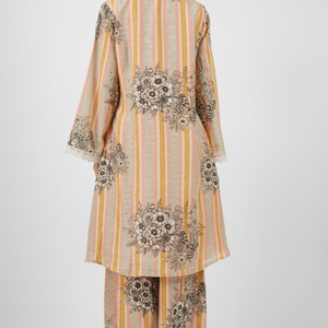 Beige Linen Indo Western Coord Set with Pearl and Printed Embroidery