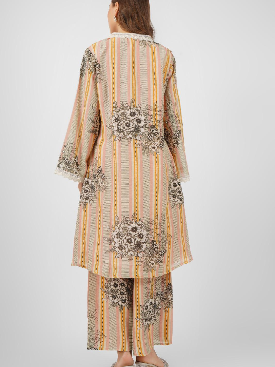 Beige Linen Indo Western with Pearl and Printed Embroidery