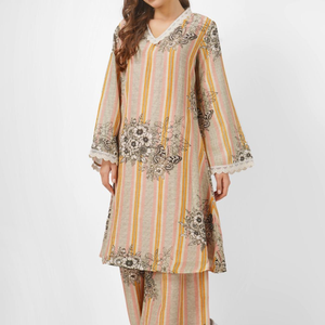 Beige Linen Indo Western Coord Set with Pearl and Printed Embroidery