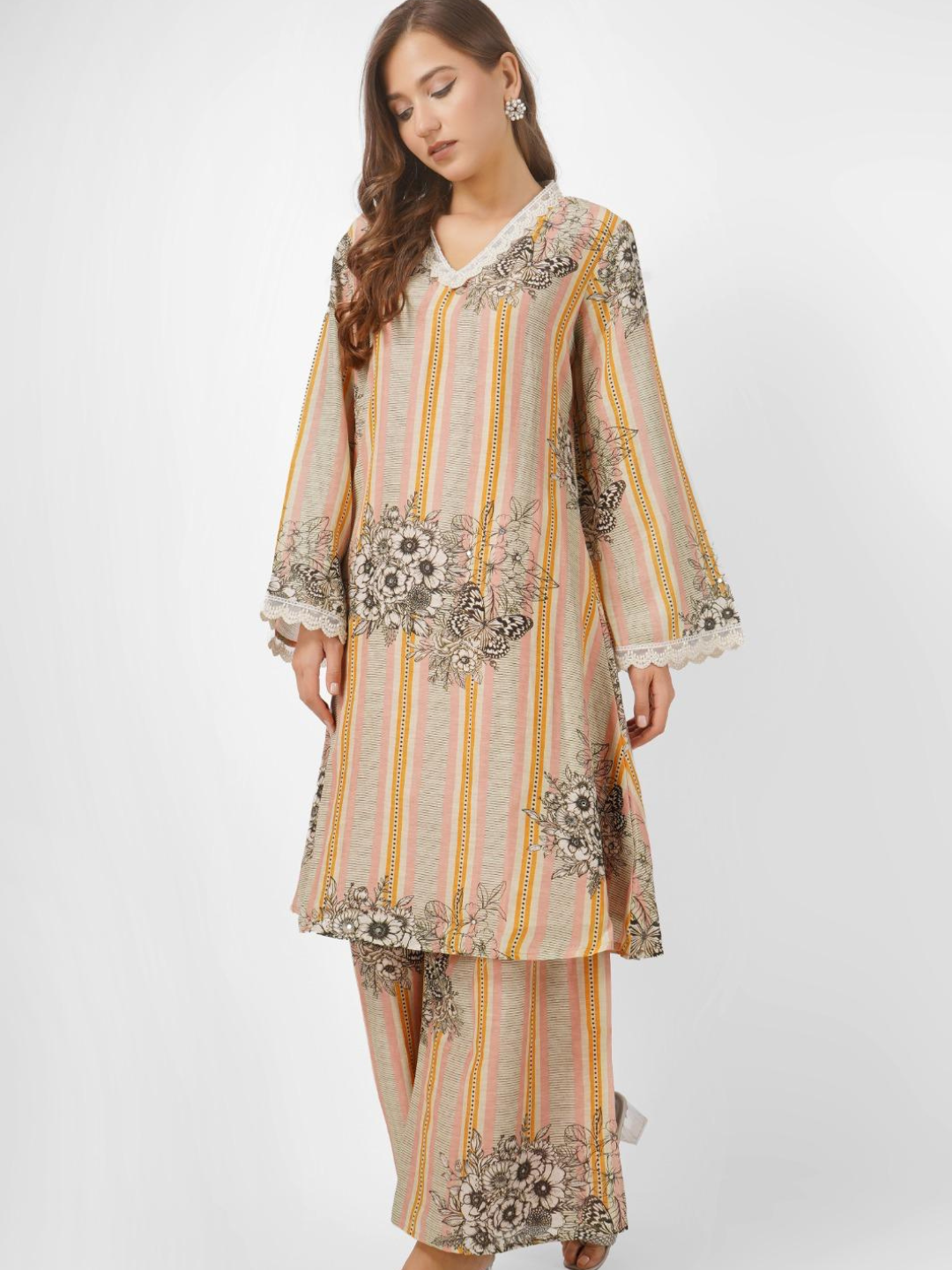 Beige Linen Indo Western with Pearl and Printed Embroidery