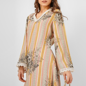 Beige Linen Indo Western Coord Set with Pearl and Printed Embroidery