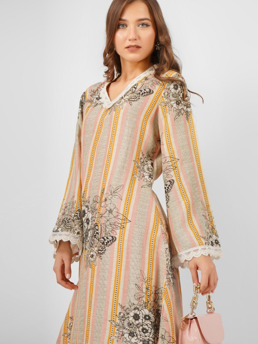 Beige Linen Indo Western with Pearl and Printed Embroidery