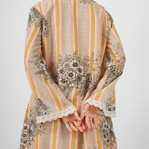 Beige Linen Indo Western Coord Set with Pearl and Printed Embroidery