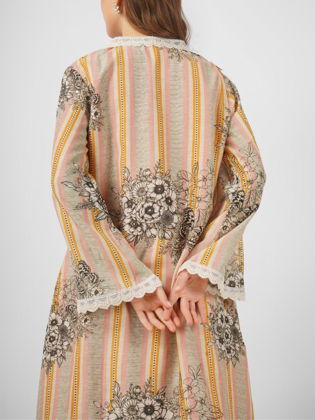 Beige Linen Indo Western with Pearl and Printed Embroidery