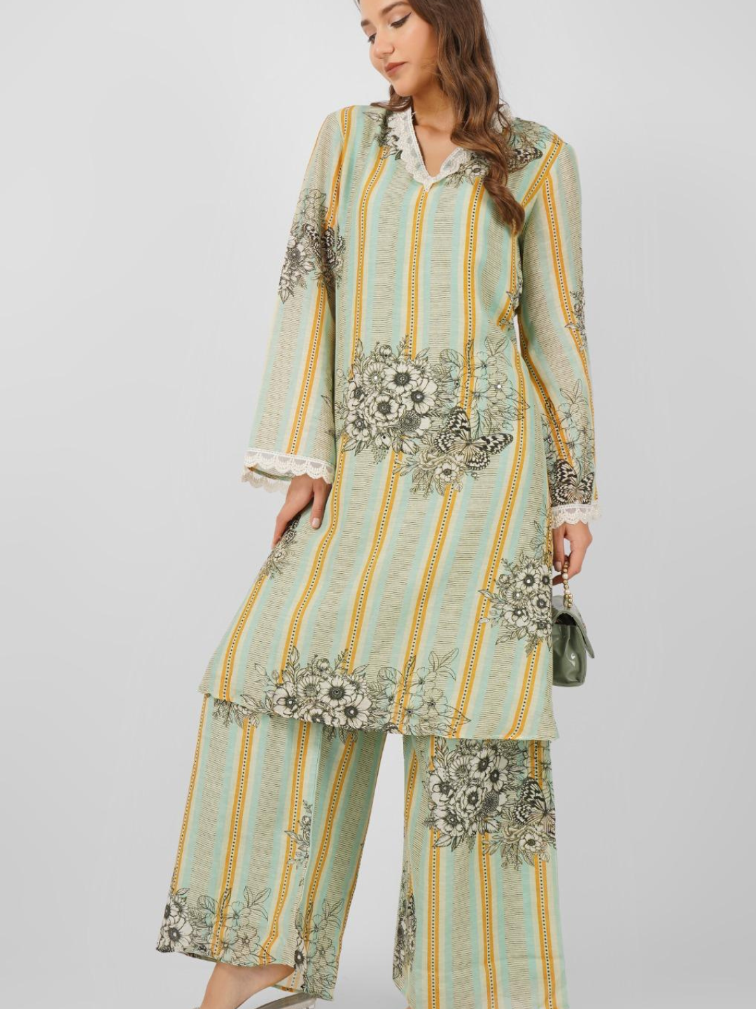 Linen Indo Western with Pearl and Printed Embroidery 6