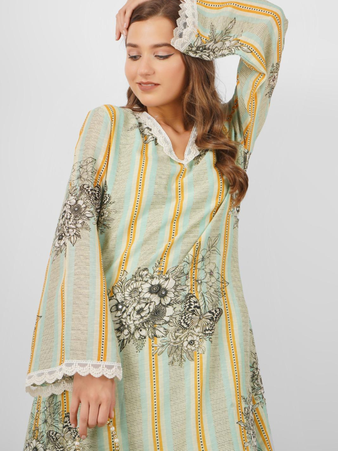 Linen Indo Western with Pearl and Printed Embroidery 7