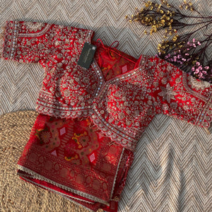 Red Crepe Saree with Blouse with Cutdana, Zari, Sequins, Mirror, Pearl and Weaving Embroidery 1