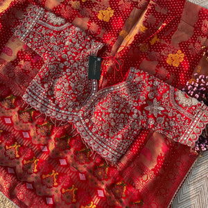 Red Crepe Saree with Blouse with Cutdana, Zari, Sequins, Mirror, Pearl and Weaving Embroidery 9