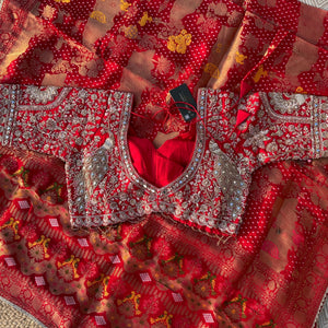 Red Crepe Saree with Blouse with Cutdana, Zari, Sequins, Mirror, Pearl and Weaving Embroidery 10