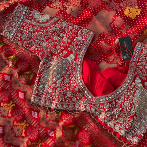 Red Crepe Saree with Blouse with Cutdana, Zari, Sequins, Mirror, Pearl and Weaving Embroidery 11