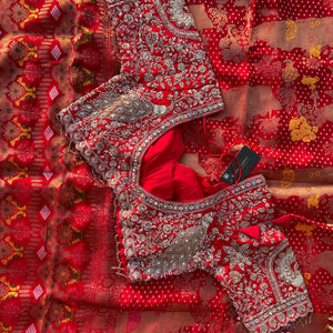 Red Crepe Saree with Blouse with Cutdana, Zari, Sequins, Mirror, Pearl and Weaving Embroidery 12