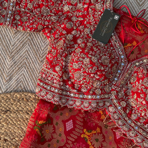 Red Crepe Saree with Blouse with Cutdana, Zari, Sequins, Mirror, Pearl and Weaving Embroidery 2