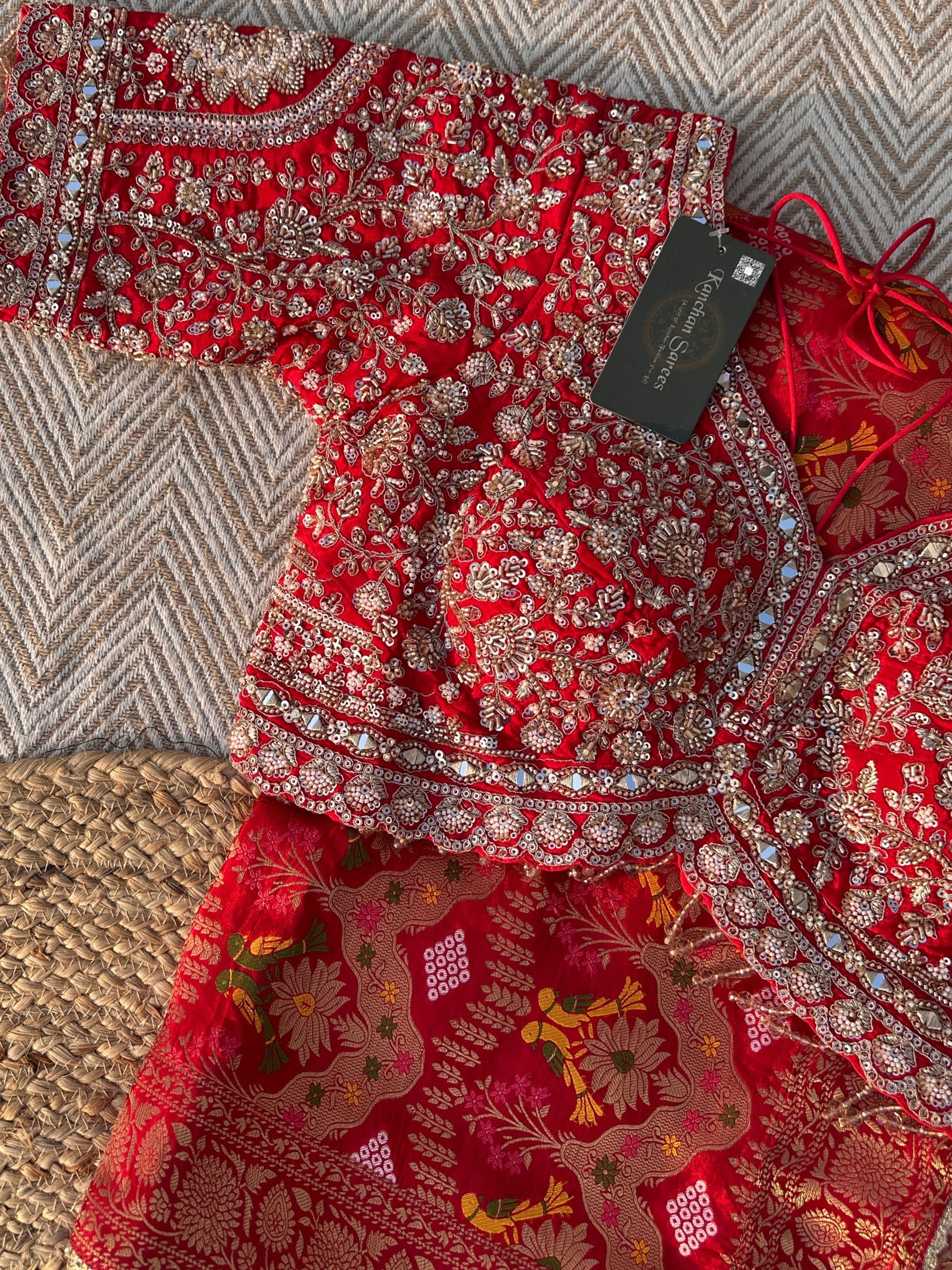 Red Crepe Saree with Blouse with Cutdana, Zari, Sequins, Mirror, Pearl and Weaving Embroidery 2