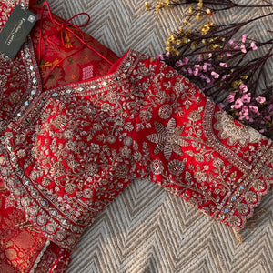 Red Crepe Saree with Blouse with Cutdana, Zari, Sequins, Mirror, Pearl and Weaving Embroidery 3
