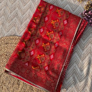 Red Crepe Saree with Blouse with Cutdana, Zari, Sequins, Mirror, Pearl and Weaving Embroidery 4