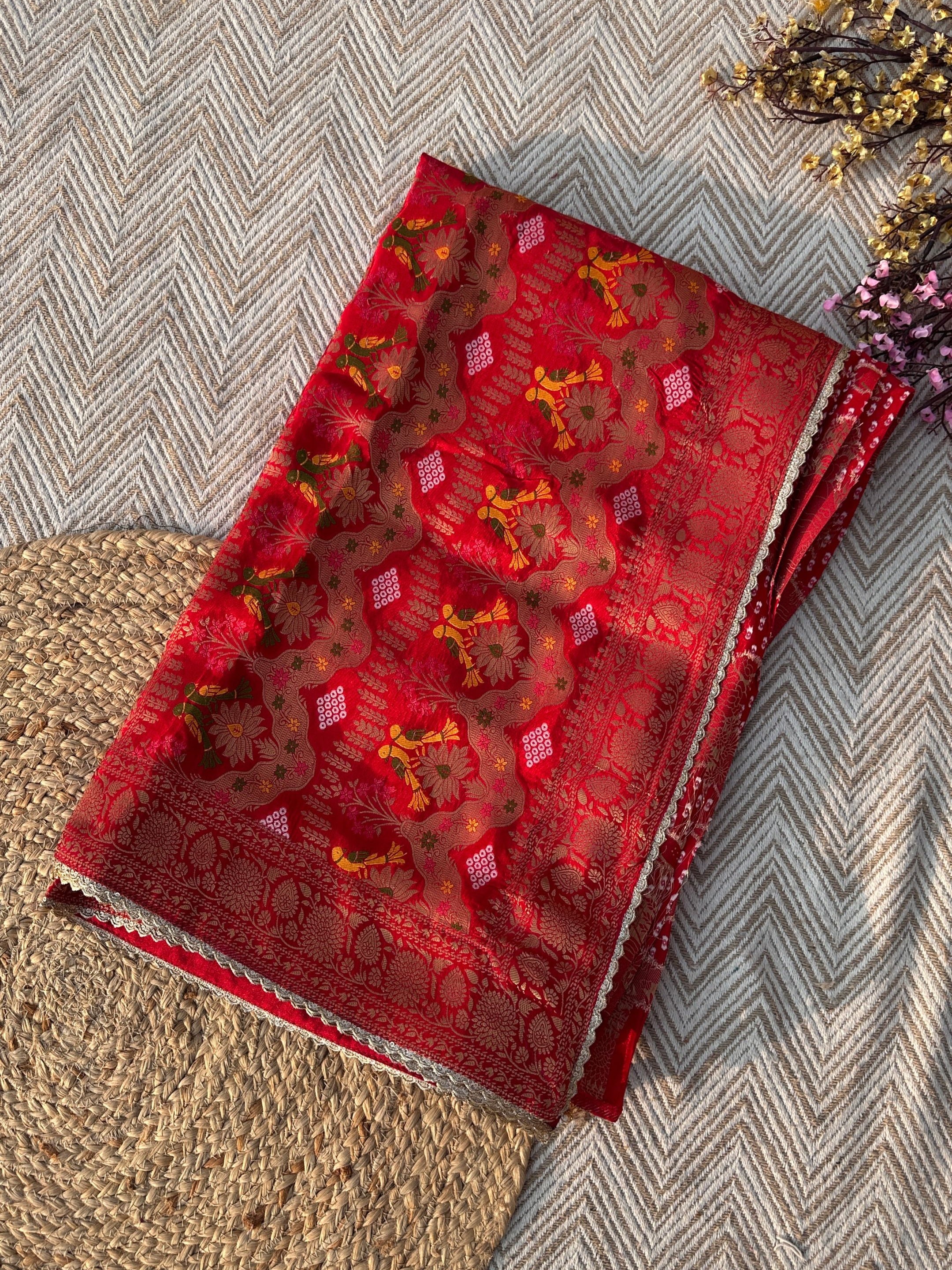 Red Crepe Saree with Blouse with Cutdana, Zari, Sequins, Mirror, Pearl and Weaving Embroidery 4