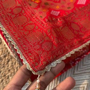 Red Crepe Saree with Blouse with Cutdana, Zari, Sequins, Mirror, Pearl and Weaving Embroidery 5
