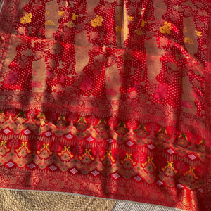 Red Crepe Saree with Blouse with Cutdana, Zari, Sequins, Mirror, Pearl and Weaving Embroidery 6
