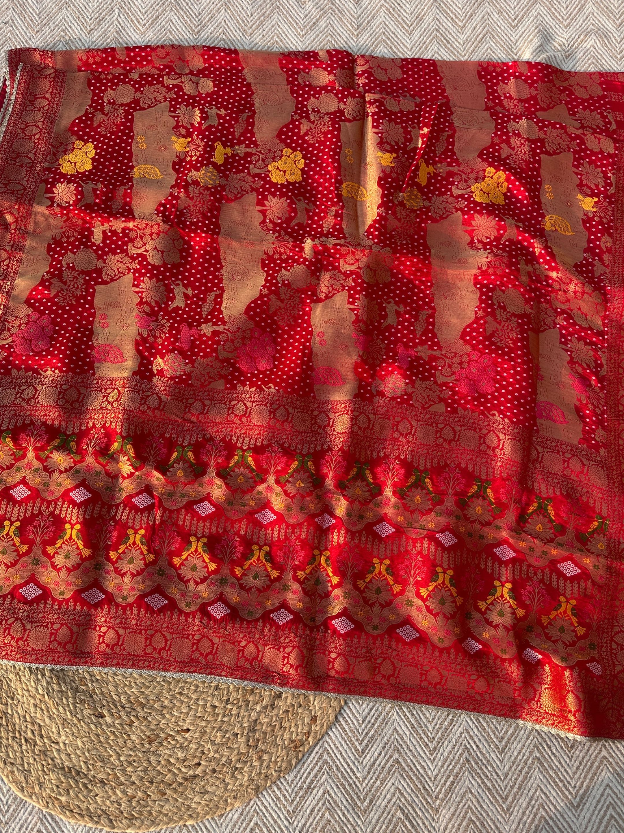 Red Crepe Saree with Blouse with Cutdana, Zari, Sequins, Mirror, Pearl and Weaving Embroidery 6
