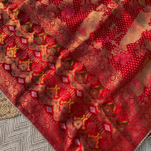 Red Crepe Saree with Blouse with Cutdana, Zari, Sequins, Mirror, Pearl and Weaving Embroidery 7