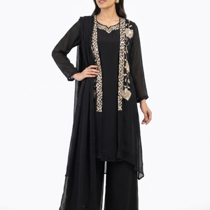 Black Chinon Indo Western with Cutdana and Sequins Embroidery 1