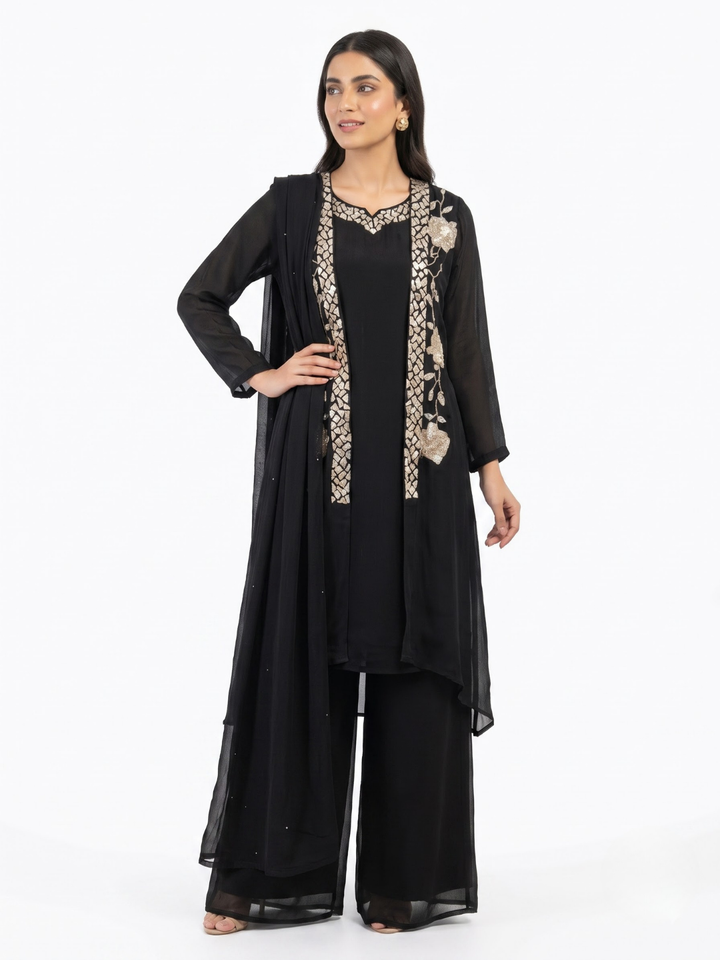 Black Chinon Indo Western with Cutdana and Sequins Embroidery 1
