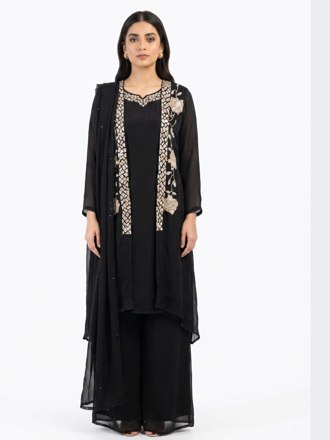 Black Chinon Indo Western with Cutdana and Sequins Embroidery 2