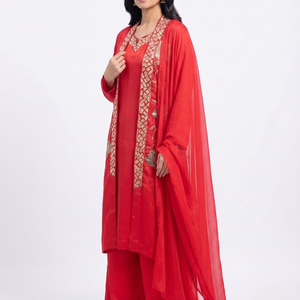 Red Chinon Indo Western with Cutdana and Sequins Embroidery 1