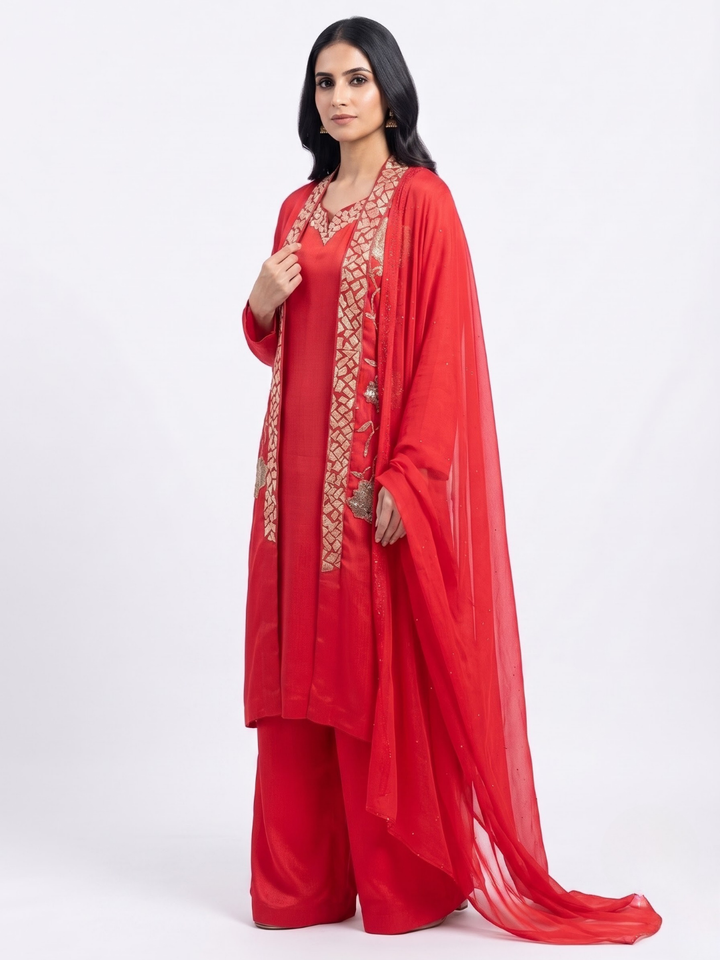 Red Chinon Indo Western with Cutdana and Sequins Embroidery 1