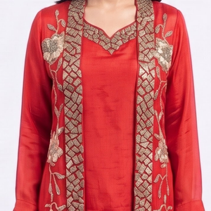 Red Chinon Indo Western with Cutdana and Sequins Embroidery 2