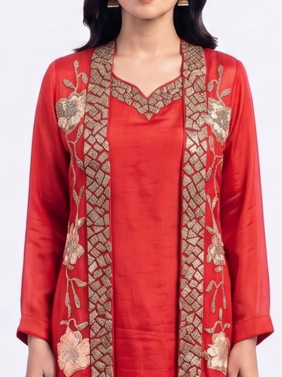 Red Chinon Indo Western with Cutdana and Sequins Embroidery 2