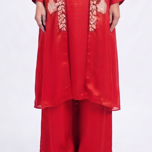 Red Chinon Indo Western with Cutdana and Sequins Embroidery 4