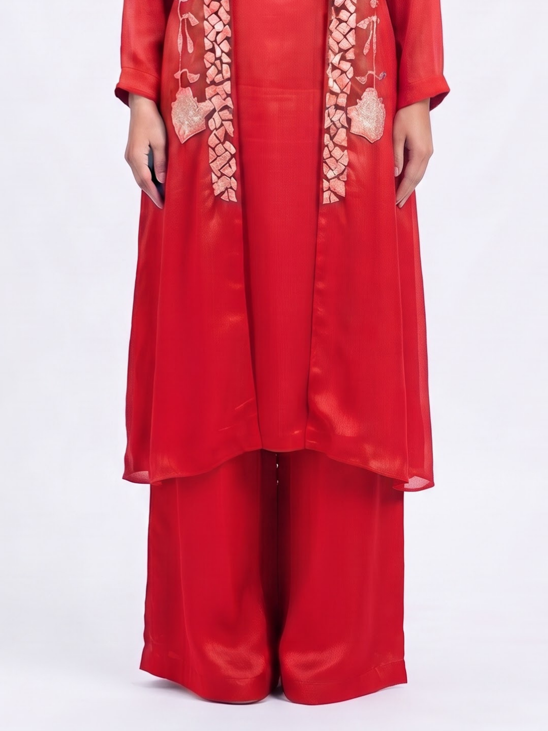 Red Chinon Indo Western with Cutdana and Sequins Embroidery 4