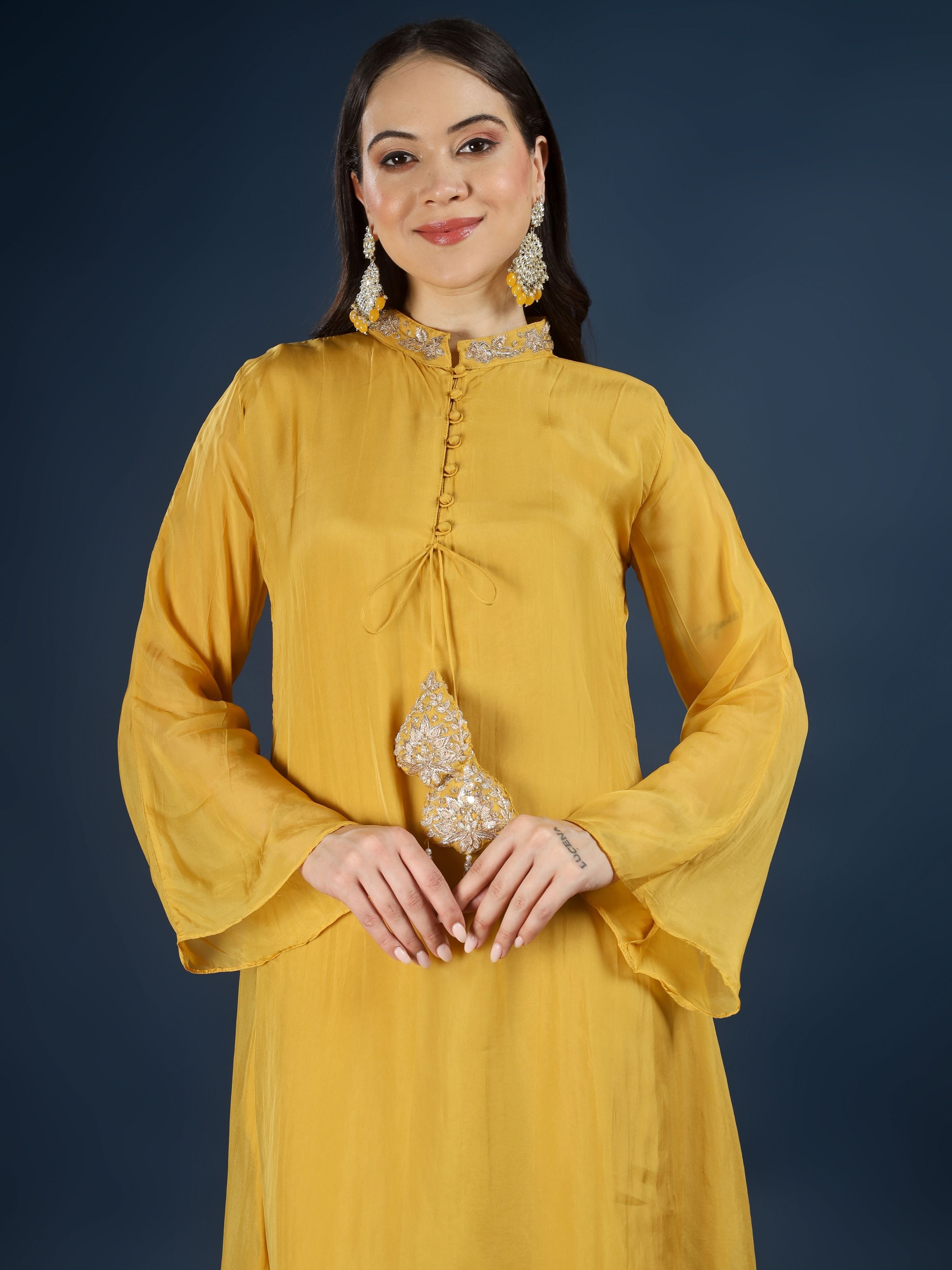 Yellow Organza Indo Western with Cutdana & Sequins Work