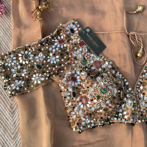 Beige Organza Saree & Net Blouse Embellished With Stone, Moti, Mirror & Kundan Work