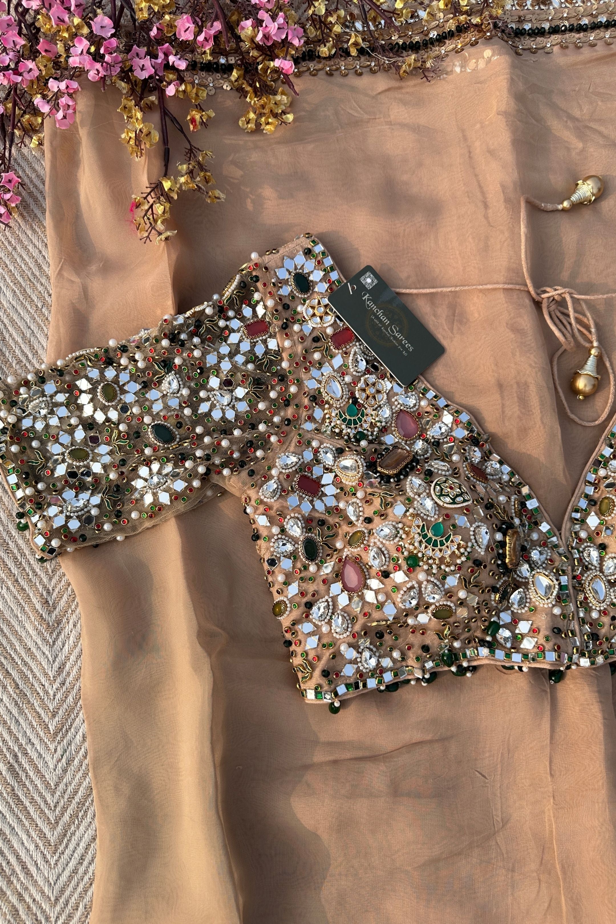 Beige Organza Saree & Net Blouse Embellished With Stone, Moti, Mirror & Kundan Work