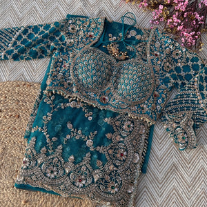Turquoise Net Saree Embellished With Cut Dana, Sequins & Moti Work