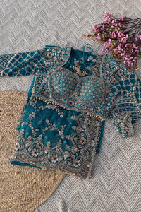 Turquoise Net Saree Embellished With Cut Dana, Sequins & Moti Work
