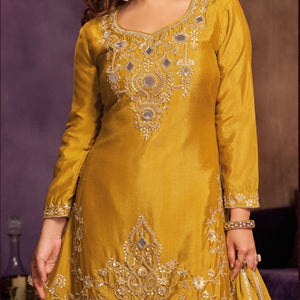 Yellow Chinon Suit Embellished With Cutdana, Sequins & Mirror Work