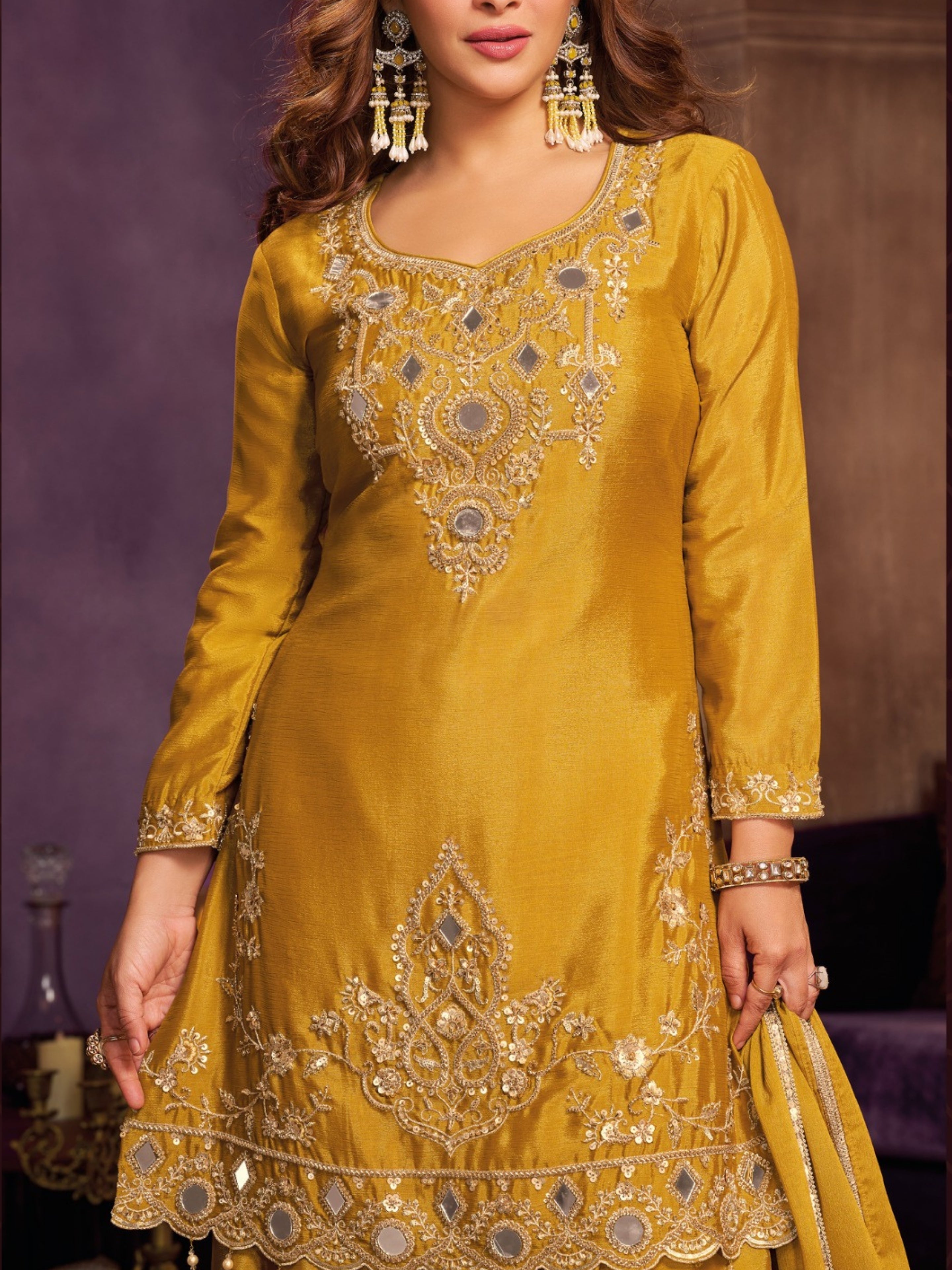 Yellow Chinon Suit Embellished With Cutdana, Sequins & Mirror Work