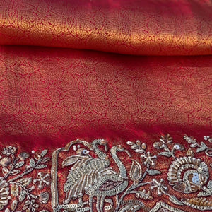 Rani Brocade Unstitched Saree Embellished With Zari, Moti & Cutdana Work