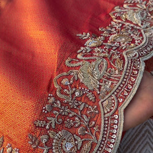 Rani Brocade Unstitched Saree Embellished With Zari, Moti & Cutdana Work