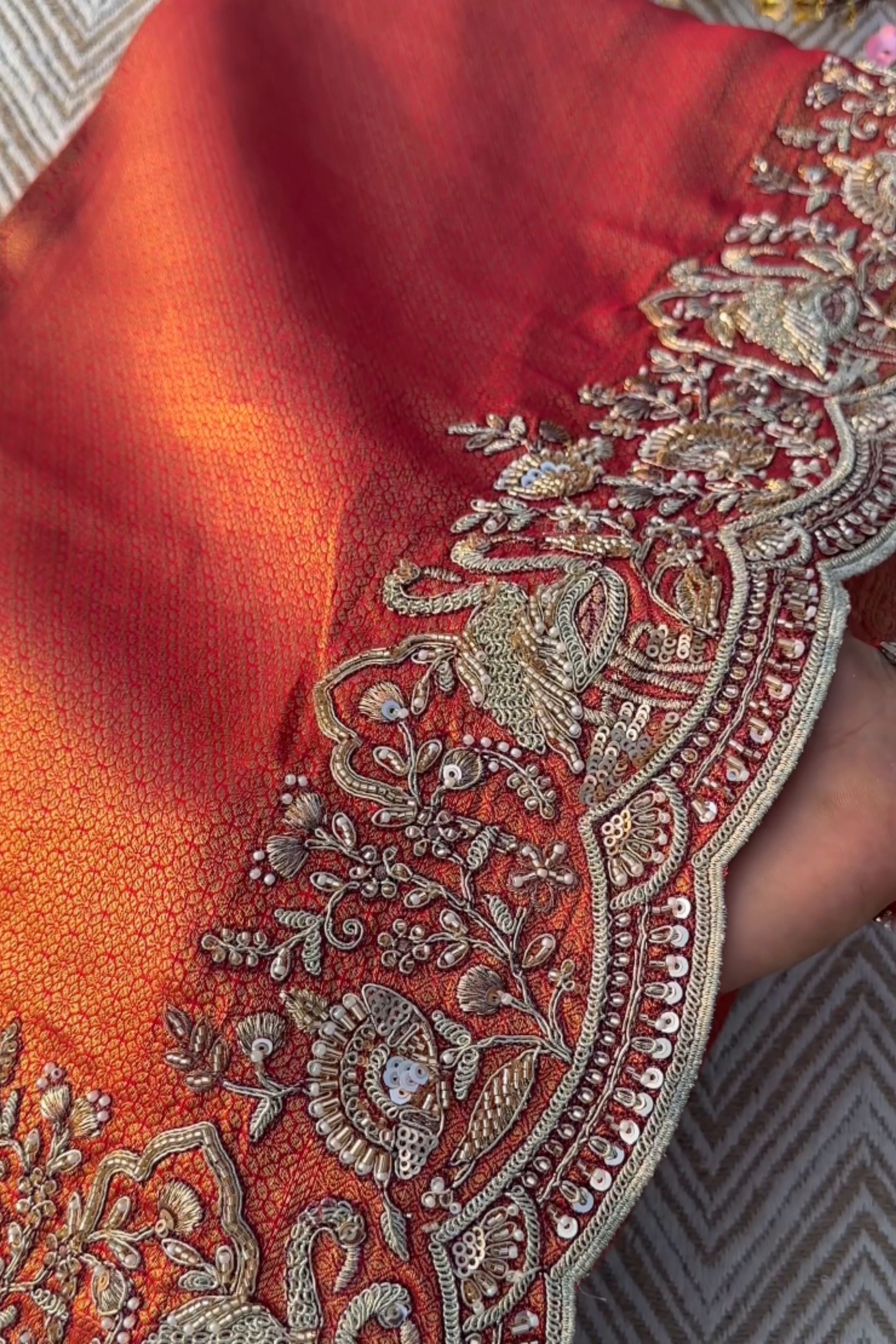 Rani Brocade Unstitched Saree Embellished With Zari, Moti & Cutdana Work