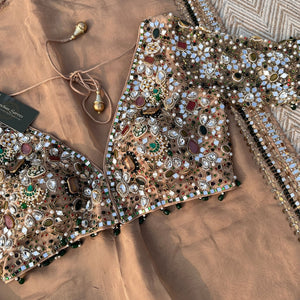Beige Organza Saree & Net Blouse Embellished With Stone, Moti, Mirror & Kundan Work