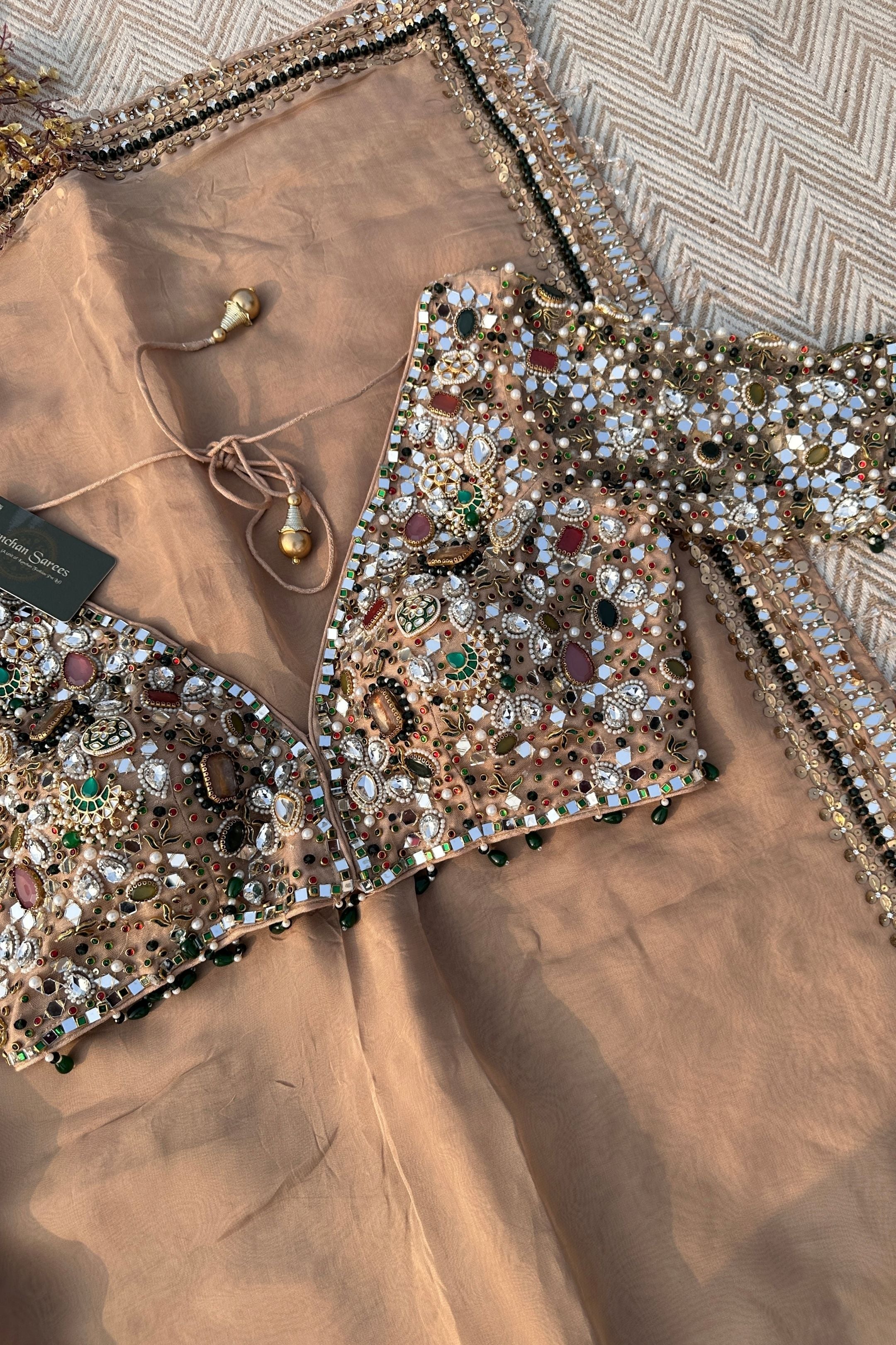 Beige Organza Saree & Net Blouse Embellished With Stone, Moti, Mirror & Kundan Work