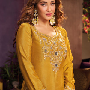 Yellow Chinon Suit Embellished With Cutdana, Sequins & Mirror Work