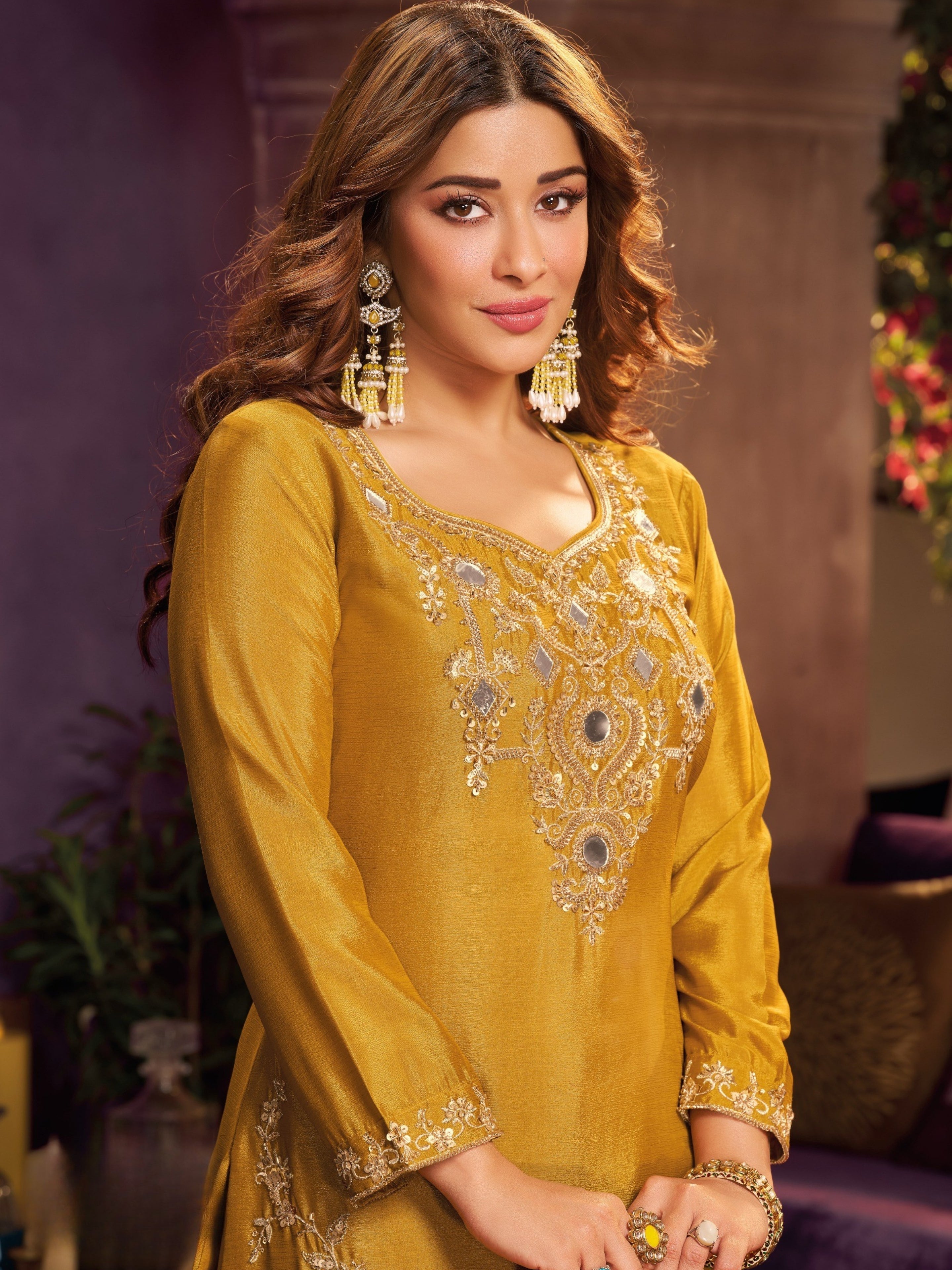 Yellow Chinon Suit Embellished With Cutdana, Sequins & Mirror Work