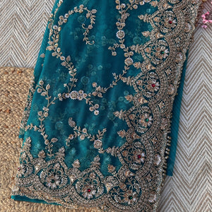 Turquoise Net Saree Embellished With Cut Dana, Sequins & Moti Work